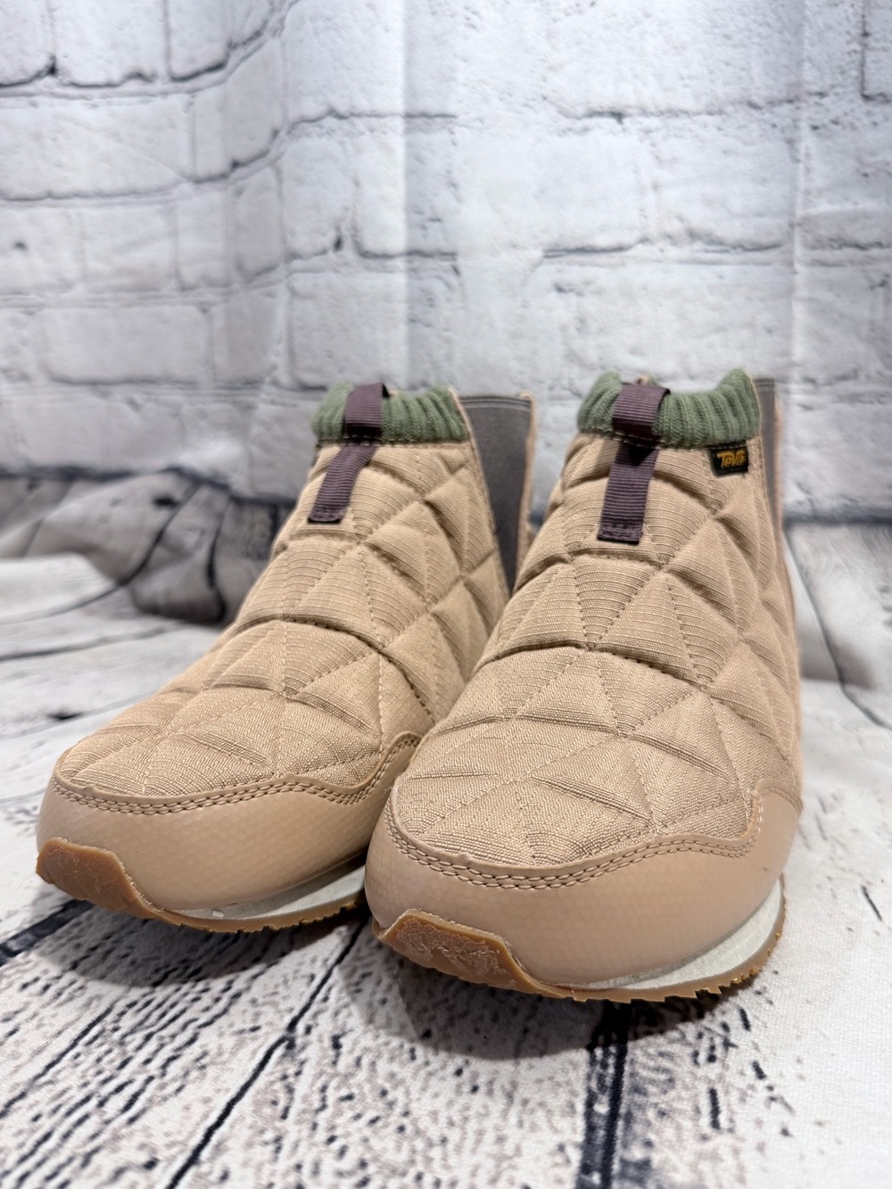 Teva ReEmber Quilted Slip-On Ankle Boots in Beige with Green Trim